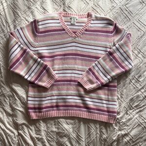 St. John's Bay Striped V-Neck Sweater in Pink and White